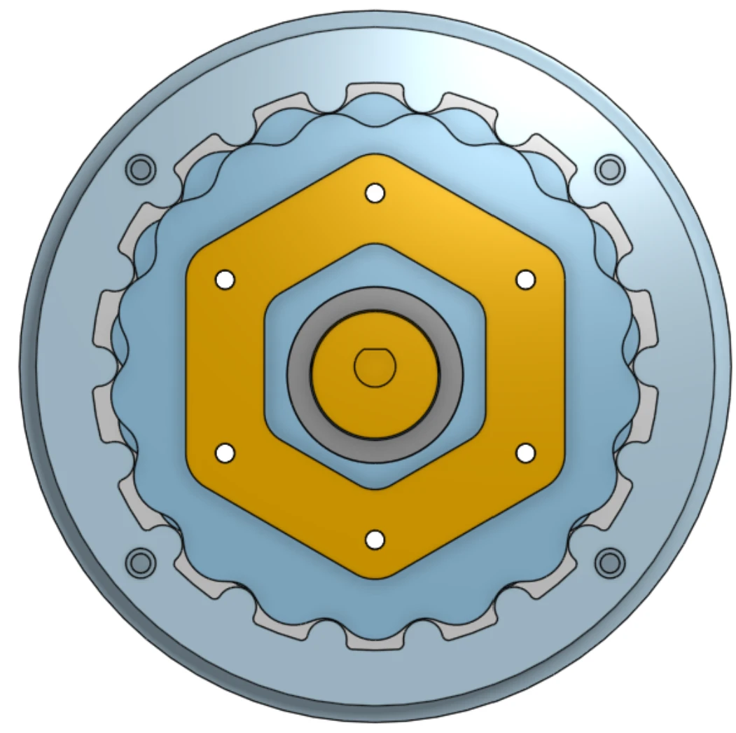 Axial view of the cycloidal drive: the lobed disc inside its pinned ring, with the hex output carrier at the center