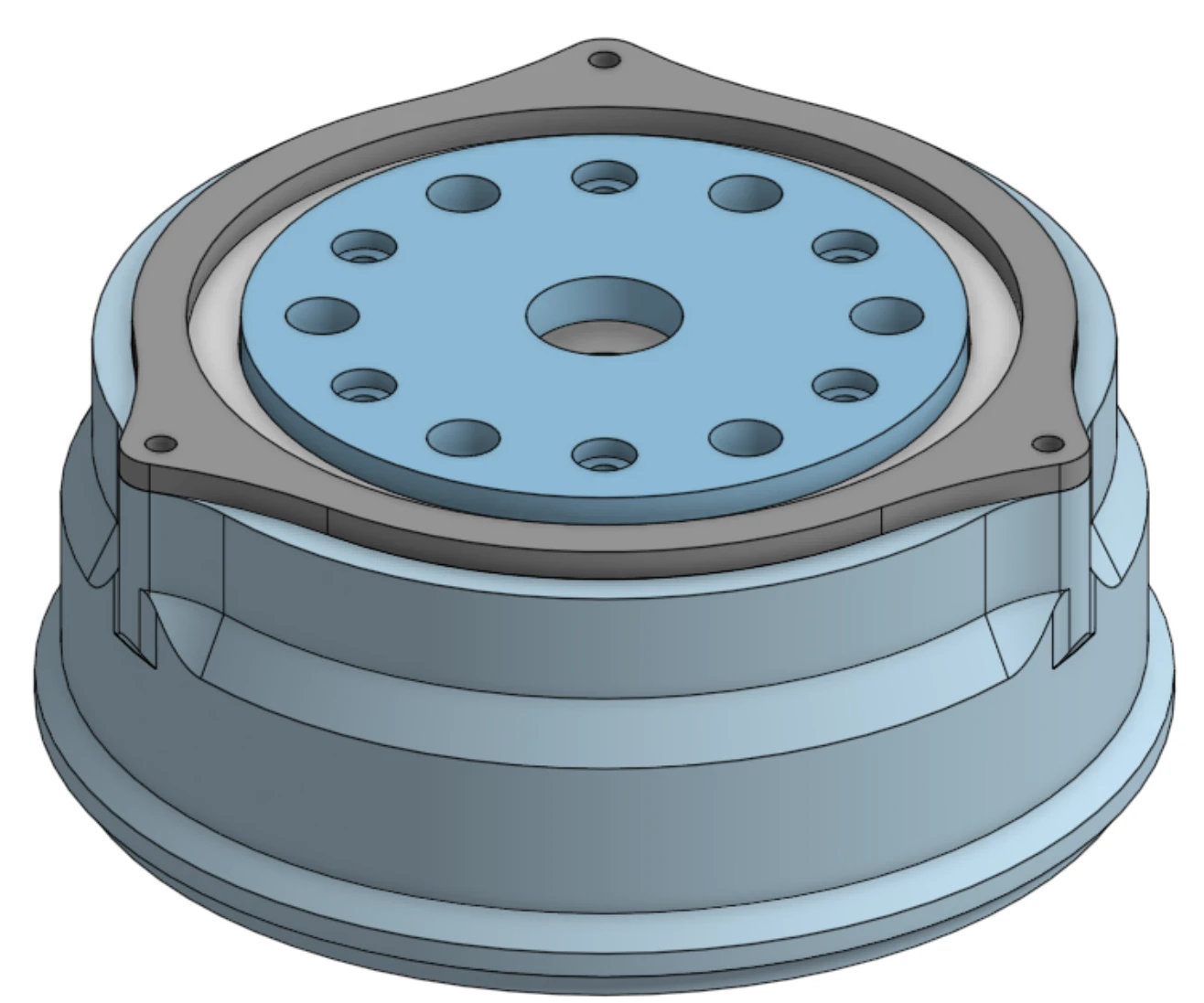 The assembled cycloidal joint, showing the output flange bolt circle and the retaining plate
