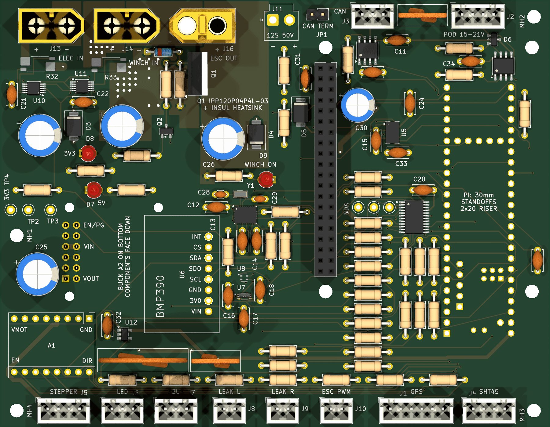 Top view of the D.R.E.A.M.S V3 carrier board, rev D, with the battery inputs, the Raspberry Pi header and the sensor connectors
