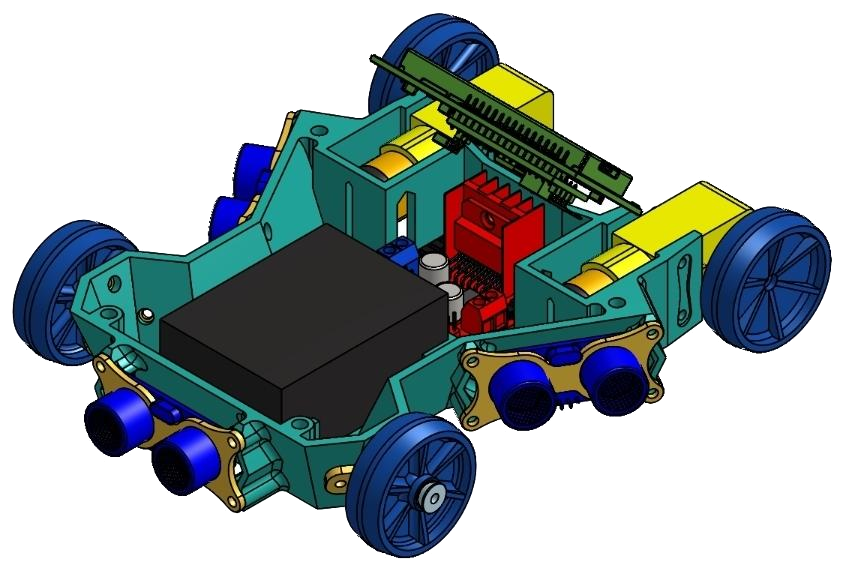 The same model with the top plate off, showing the battery pack and the motor driver inside the body