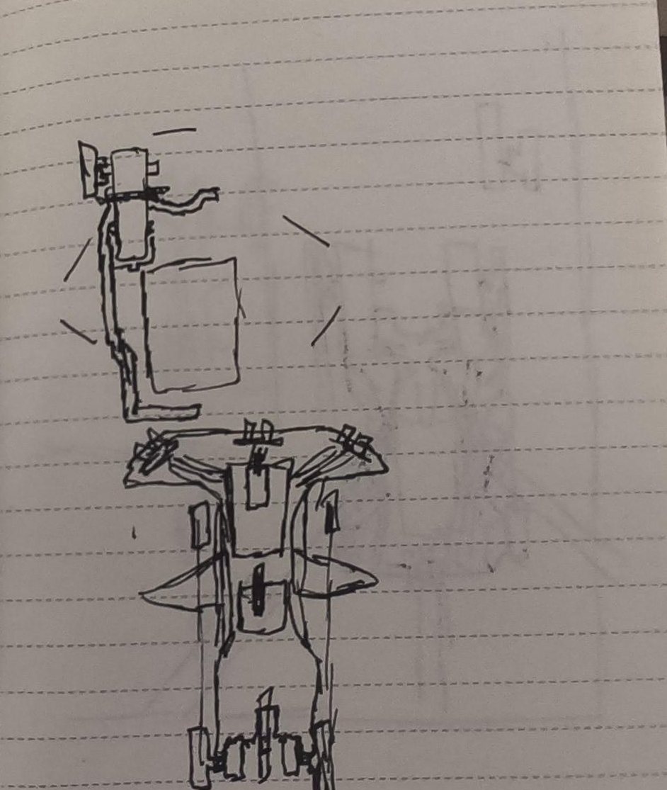 Pen sketch in a pocket notebook of the robot's chassis seen from above