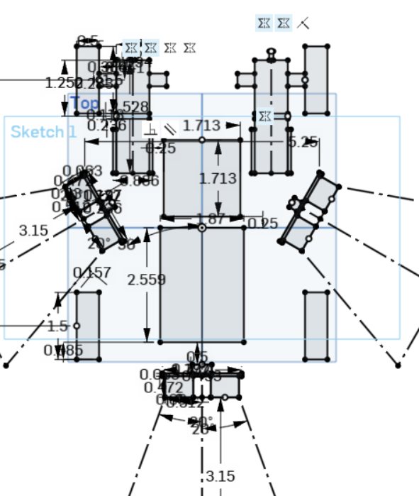 Dimensioned Onshape master sketch of the robot, with the sensors' fields of view drawn as cones