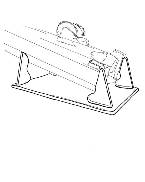 Sketch of the display stand for V1: a base with a curved cradle and two triangular supports