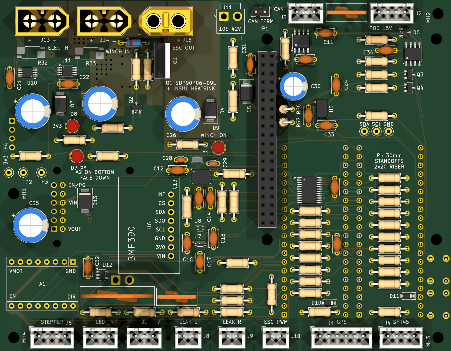 Top view of the D.R.E.A.M.S V3 carrier board, rev F, with numbered callouts